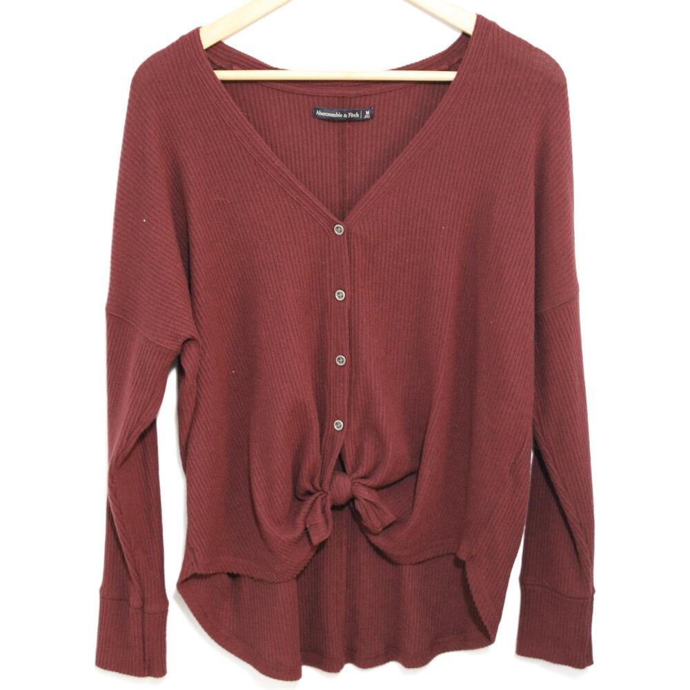Abercrombie & Fitch Burgundy Red Ribbed Knit Long Sleeve V-Neck Sweater Size M
